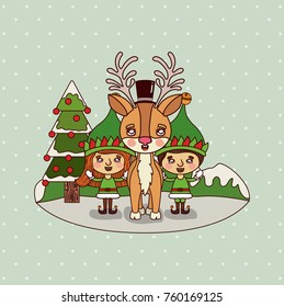 christmas card with christmas tree and gnome kids and reindeer on colorful landscape background mountains and snow falling in backdrop