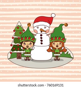 christmas card with christmas tree and gnome kids and snowman and santa claus on colorful landscape background mountains and snow falling over lines backdrop