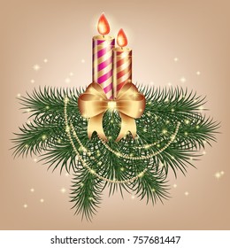 Christmas card with tree and golden candles with a bow and ornaments