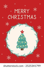 Christmas Card Christmas Tree. Greeting card on light beige background and red frame. Christmas and New Year. Vector illustration.