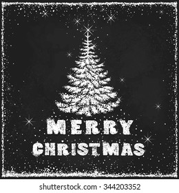 Christmas card with Christmas tree, greetings and frame from  snow on blackboard, vector illustration.