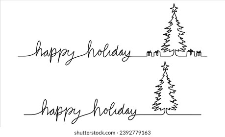 christmas card with christmas tree and happy holiday letter vector line art