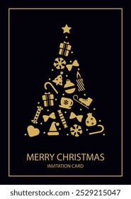Christmas card with Christmas tree and lettering. Elegant poster with Christmas decorations. Golden baubles on dark background. Good for Invitation, Card, Poster. Christmas tree made from ornaments