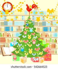 Christmas card with Christmas tree in library