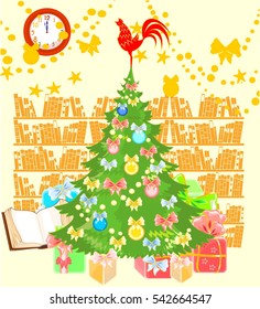 Christmas card with Christmas tree in library