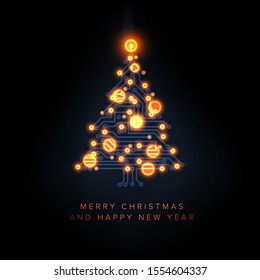 Christmas card with christmas tree made from electical circuit and orange lightning baubles