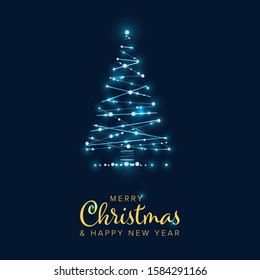 Christmas card with christmas tree made from lights chains with baubles - blue version