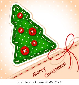christmas card. Christmas tree Merry Christmas with a signature made in the texture of embroidery, a bow in the form of strings and balls in the form of buttons