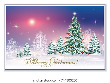 Christmas card with Christmas tree on a background of a winter landscape. Vector illustration