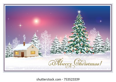 Christmas card with Christmas tree on a background of a winter landscape. Vector illustration
