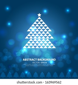 Christmas card with Christmas tree on a blue glowing background with space for text. Vector EPS 10 illustration.