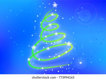 The christmas card with christmas tree on snow background.