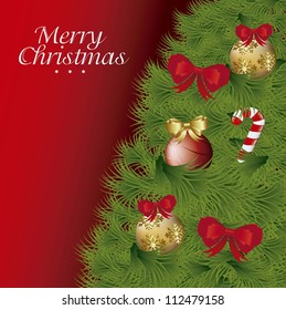 christmas card with christmas tree over red background. vector
