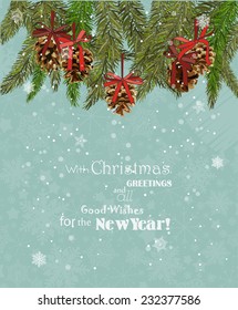 Christmas card with christmas tree, pine cone, fir cone, red bows on snowflakes background on vintage style.