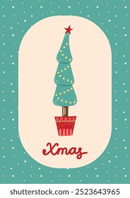 Christmas Card Christmas Tree in a Pot. Greeting card on light beige background and green frame. Christmas and New Year. Vector illustration.