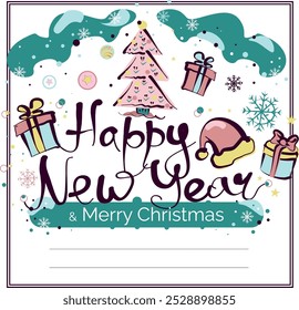 a christmas card with a christmas tree and presents.