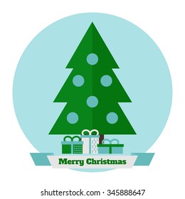 Christmas card with tree and presents. Christmas tree presents. Christmas tree. Christmas presents. Flat style vector illustration. 