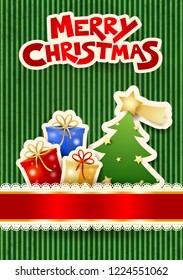 Christmas card with tree, presents and text. Vector illustration eps10
