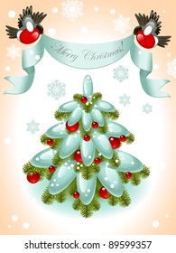 christmas card.  tree with red ball on the background of snowflakes. top of ribbon to the birds and the words Merry Christmas. Vector illustration.