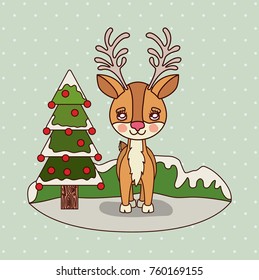 christmas card with christmas tree and reindeer on colorful landscape background mountains and snow falling