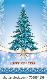 Christmas card with a Christmas tree and ribbon with a bow on the background of snowflakes and stars. Vector illustration