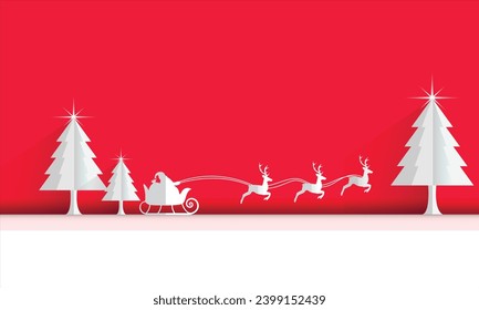 Christmas card with tree and Santa Claus on his sleigh