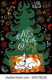 Christmas card with a Christmas tree and a sleeping dog on a black background. Vector drawing