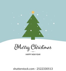 Christmas card with Christmas tree and snow. Merry Christmas and Happy New Year. Vector