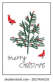 A Christmas card. Christmas tree in the snow and with red lights on the branches, red birds catch snowflakes. Cute card for the new year