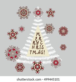 Christmas card with Christmas tree and snowflakes