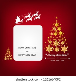 Christmas card with tree and snowflakes, Christmas and New Years red background with Christmas Tree