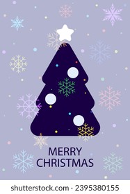 Christmas card with tree. Christmas tree with snowflakes on dark background. Christmas poster, flyer with Christmas tree and snowflakes. Greeting card with text. Vector illustration in paper cut style