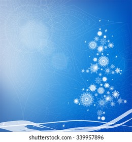 Christmas card. Christmas tree from snowflakes on a blue background