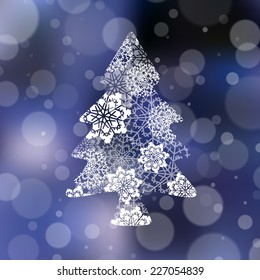 Christmas card with Christmas tree from snowflakes. Vector illustration