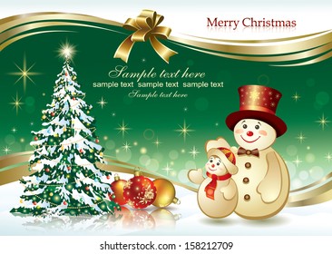 Christmas card with Christmas tree and snowman