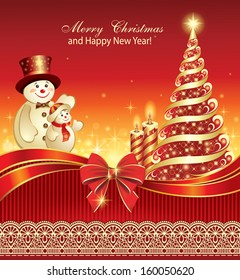 Christmas card with Christmas tree and snowman