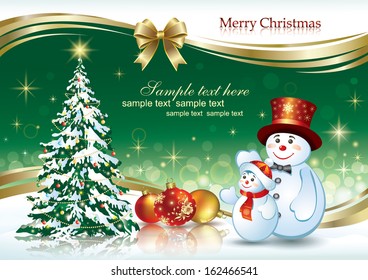 Christmas card with Christmas tree and snowman