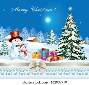 Christmas card with Christmas tree and snowman