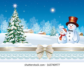 Christmas card with Christmas tree and snowman