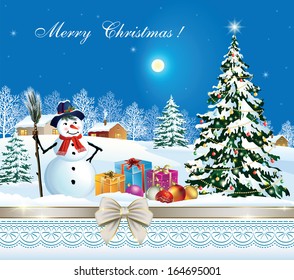 Christmas card with Christmas tree and snowman