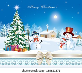 Christmas card with Christmas tree and snowman