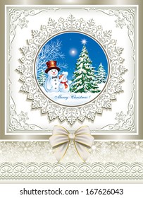 Christmas card with Christmas tree and snowman
