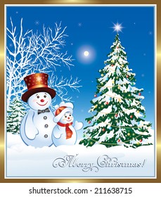 Christmas card with Christmas tree and snowman