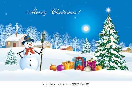 Christmas card with Christmas tree and snowman