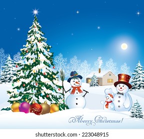 Christmas card with Christmas tree and snowman