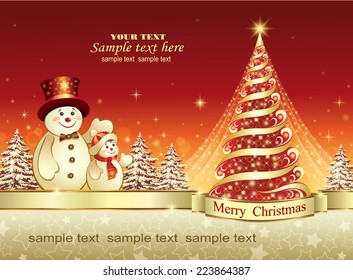 Christmas card with Christmas tree and snowman