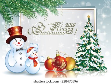 Christmas card with Christmas tree and snowman