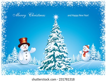 Christmas card with Christmas tree and snowman