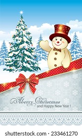 Christmas card with Christmas tree and snowman