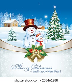 Christmas card with Christmas tree and snowman